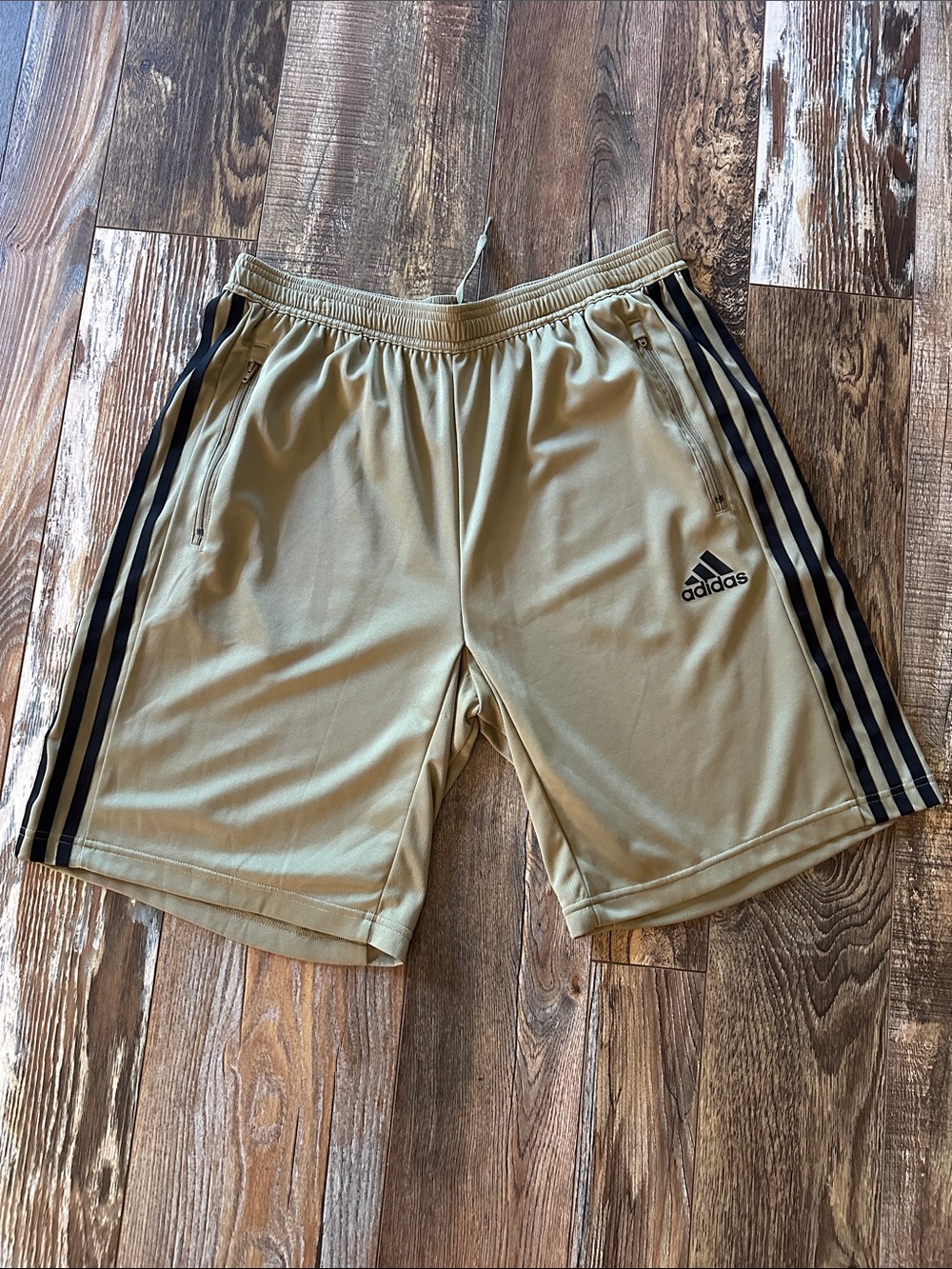 adidas Men’s Khaki Athletic Shorts with Black Stripes